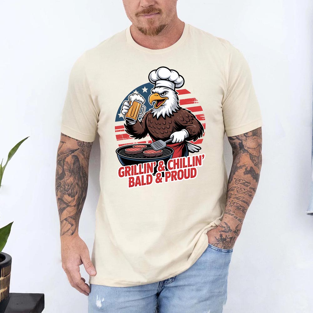 Grillin' & Chillin', Bald & Proud T-Shirt â€?Patriotic Bald Eagle BBQ Vintage Tee
