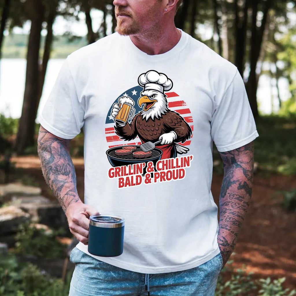 Grillin' & Chillin', Bald & Proud T-Shirt â€?Patriotic Bald Eagle BBQ Vintage Tee