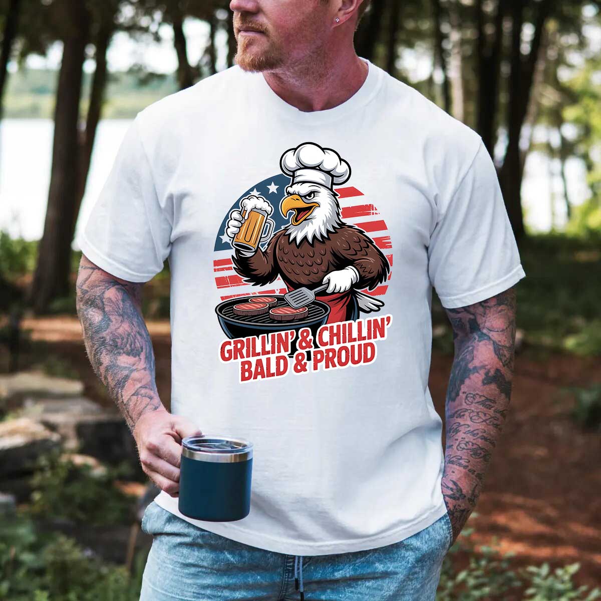Grillin' & Chillin', Bald & Proud T-Shirt â€?Patriotic Bald Eagle BBQ Vintage Tee