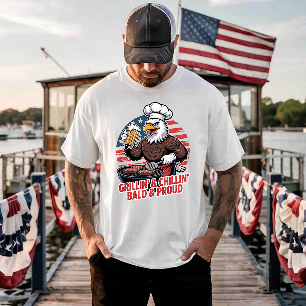 Grillin' & Chillin', Bald & Proud T-Shirt â€?Patriotic Bald Eagle BBQ Vintage Tee