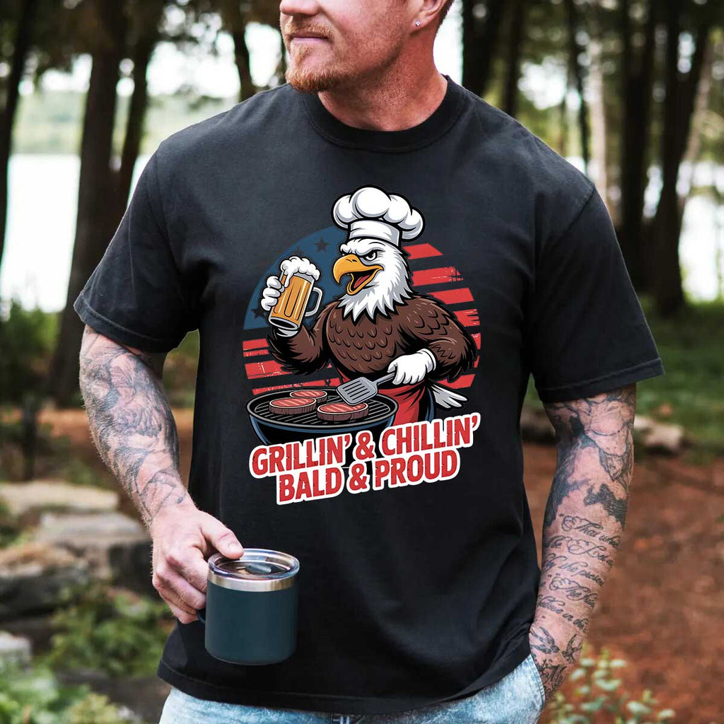 Grillin' & Chillin', Bald & Proud T-Shirt â€?Patriotic Bald Eagle BBQ Vintage Tee