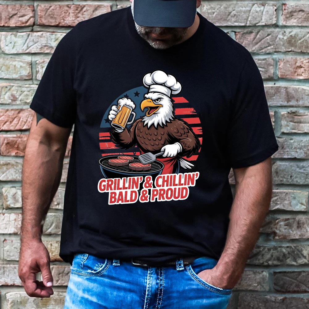 Grillin' & Chillin', Bald & Proud T-Shirt â€?Patriotic Bald Eagle BBQ Vintage Tee
