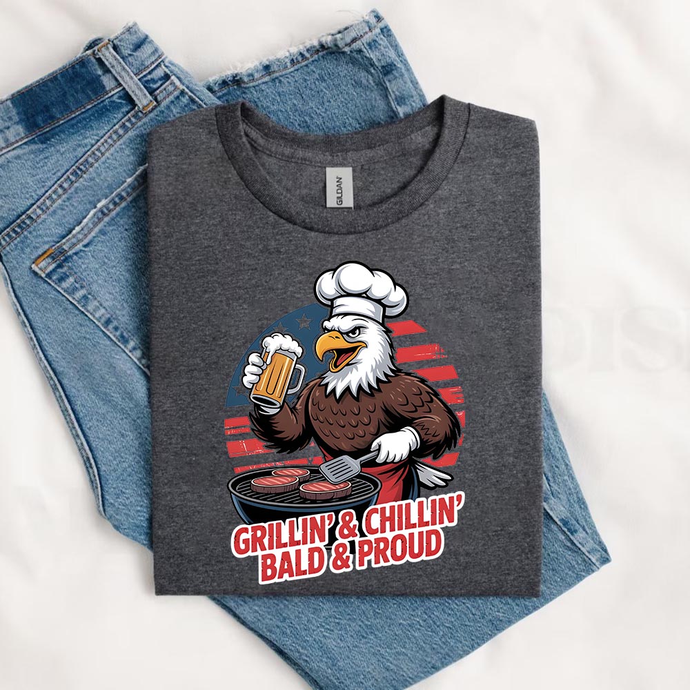 Grillin' & Chillin', Bald & Proud T-Shirt â€?Patriotic Bald Eagle BBQ Vintage Tee