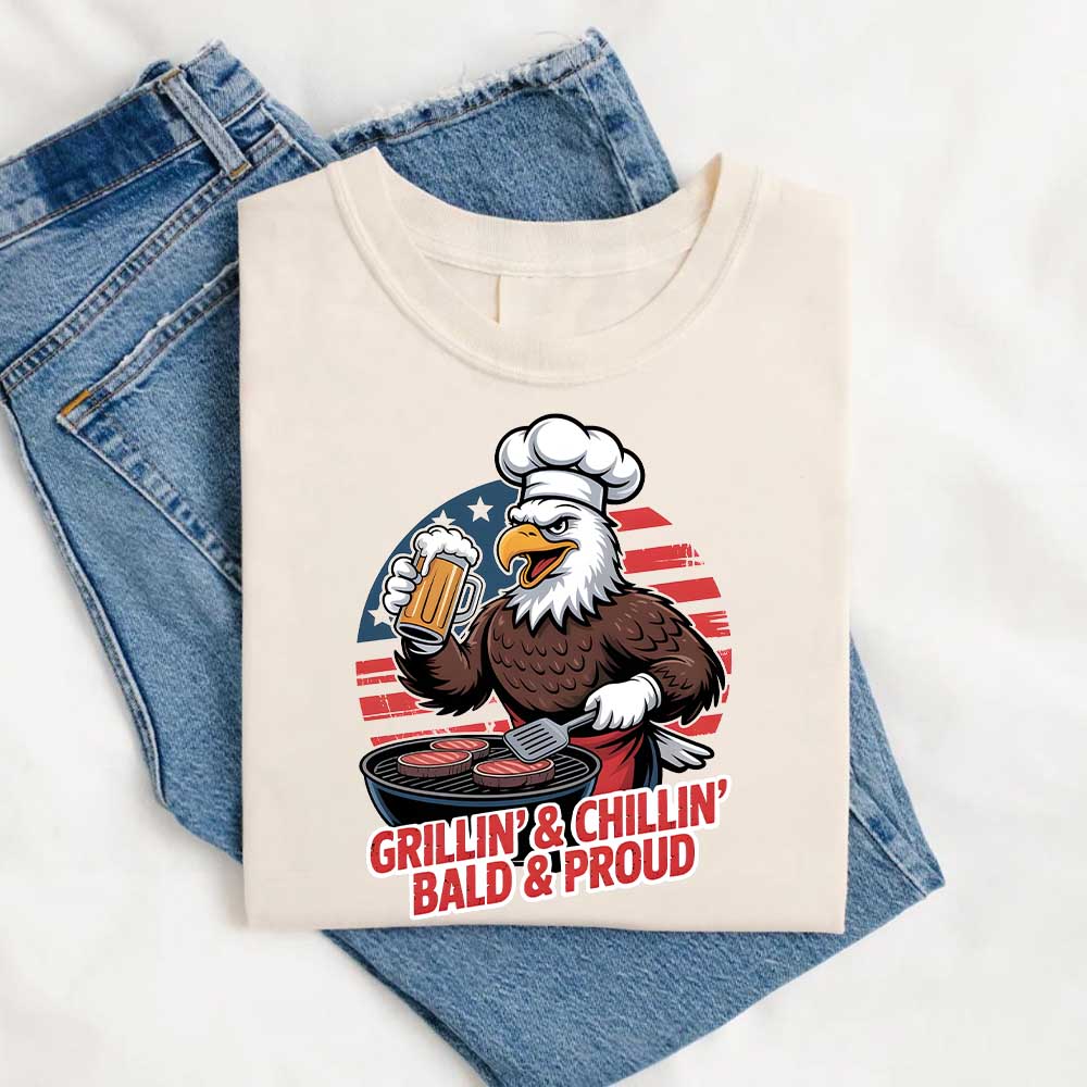 Grillin' & Chillin', Bald & Proud T-Shirt â€?Patriotic Bald Eagle BBQ Vintage Tee