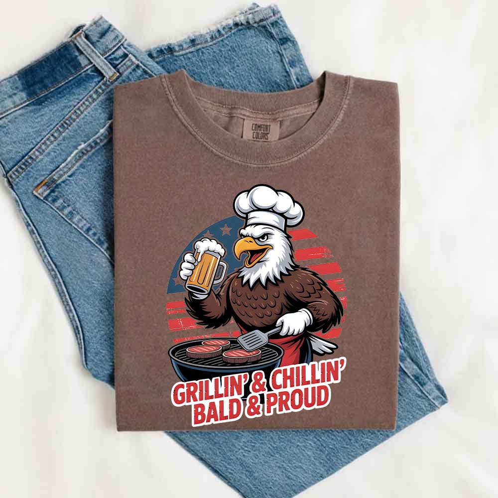 Grillin' & Chillin', Bald & Proud T-Shirt â€?Patriotic Bald Eagle BBQ Vintage Tee