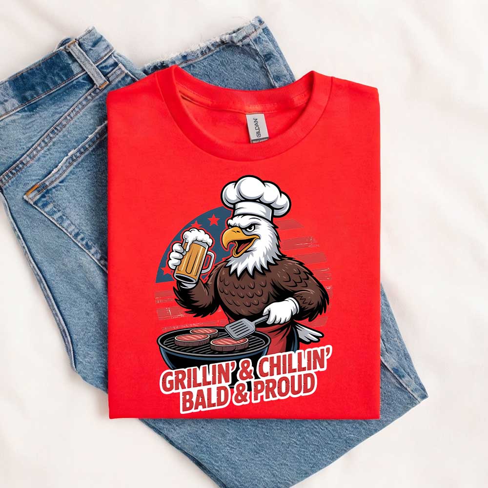 Grillin' & Chillin', Bald & Proud T-Shirt â€?Patriotic Bald Eagle BBQ Vintage Tee