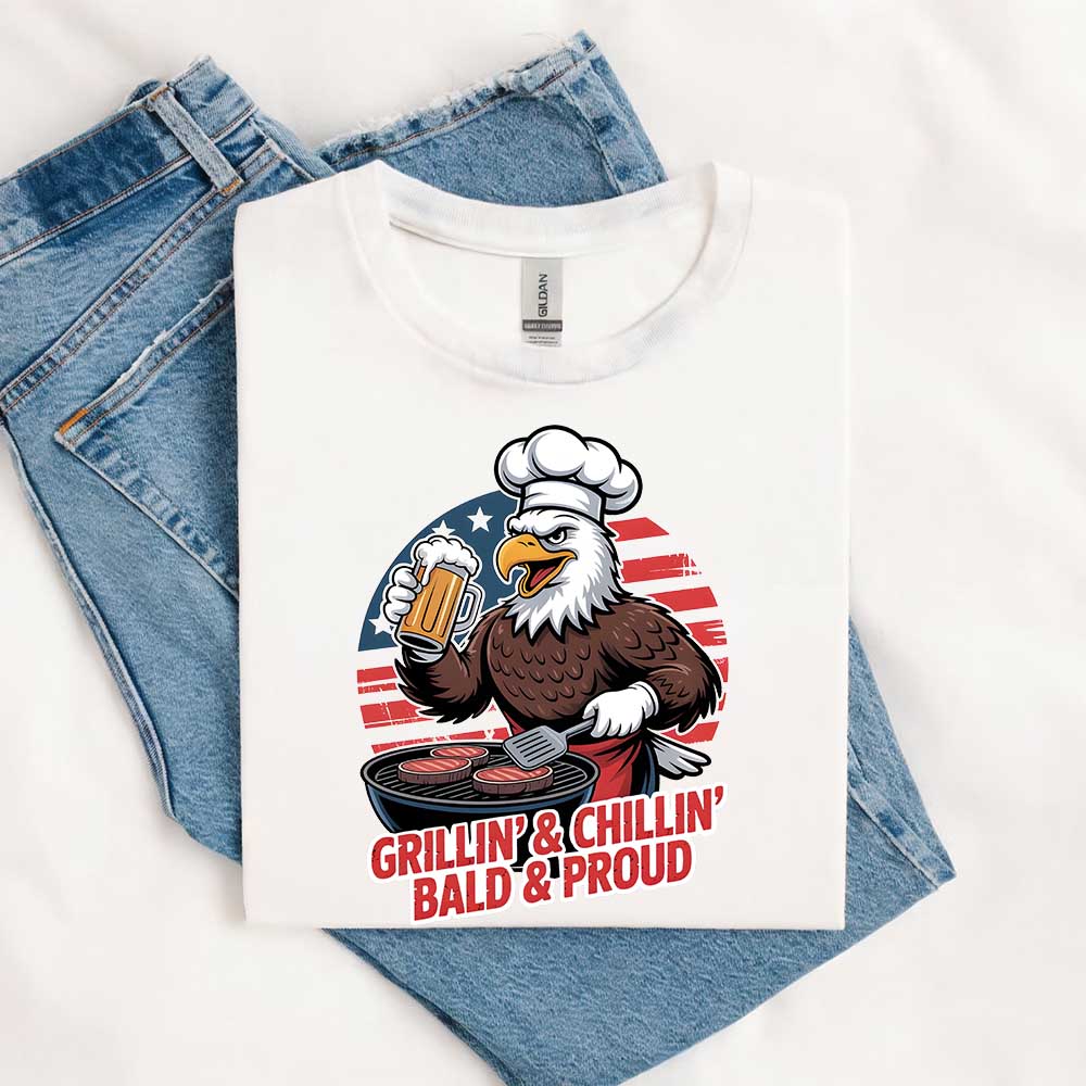 Grillin' & Chillin', Bald & Proud T-Shirt â€?Patriotic Bald Eagle BBQ Vintage Tee